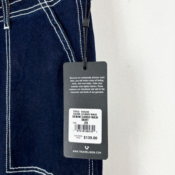 NWT True Religion Dark Wash Contrast Stitch Denim Cargo Slitted Maxi Skirt Sz 29 - Picture 9 of 10